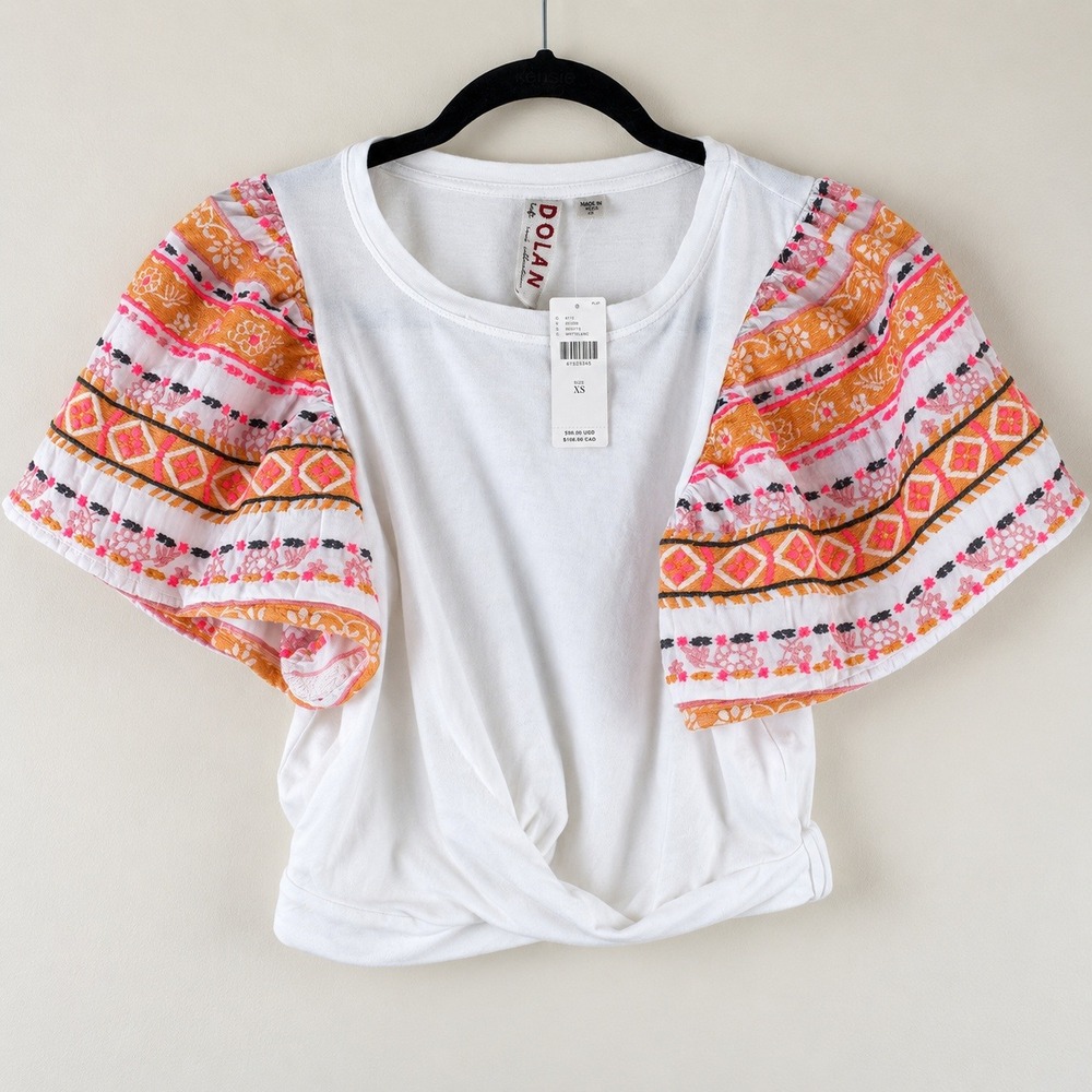 Dolan Left Coast Collection White Embroidered Puff Sleeve Twist Front Top XS NEW